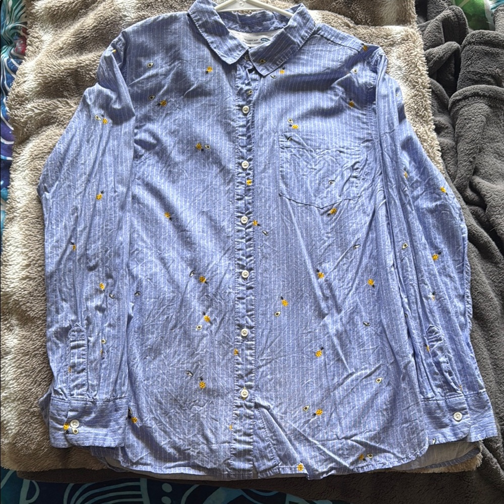 Old Navy Blue and Yellow Pineapple/ Green Avocado Long Sleeve Collar Shirt